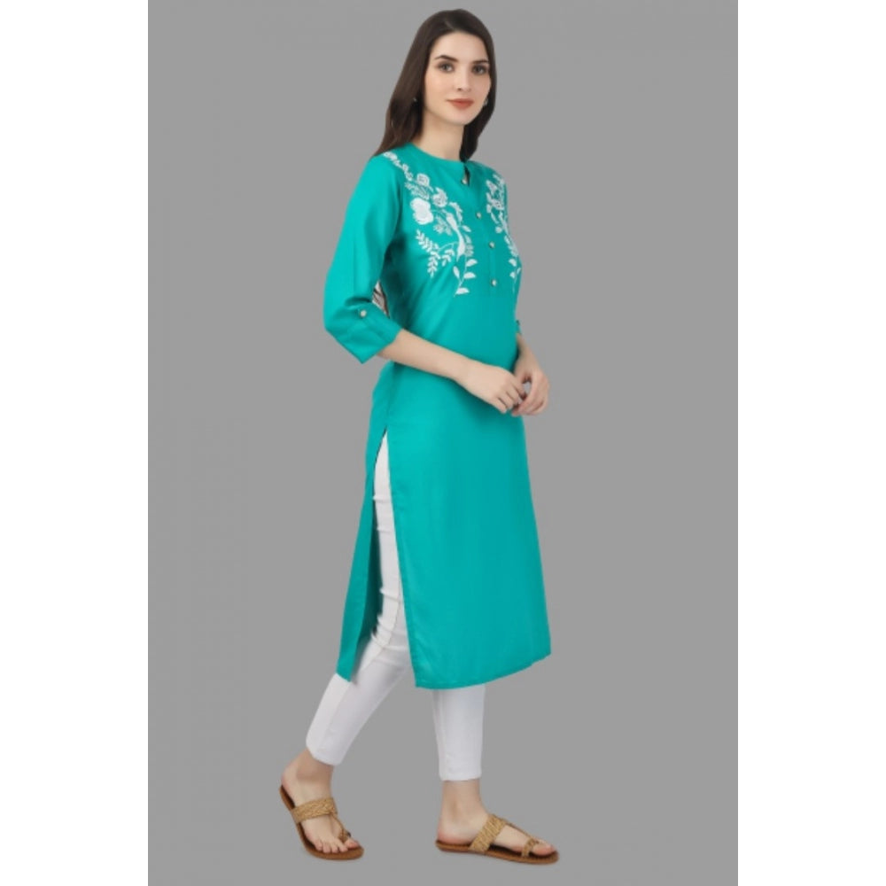 Generic Women's Embroidered Calf Length Rayon Kurti (Turquoise ) - Noble Nook