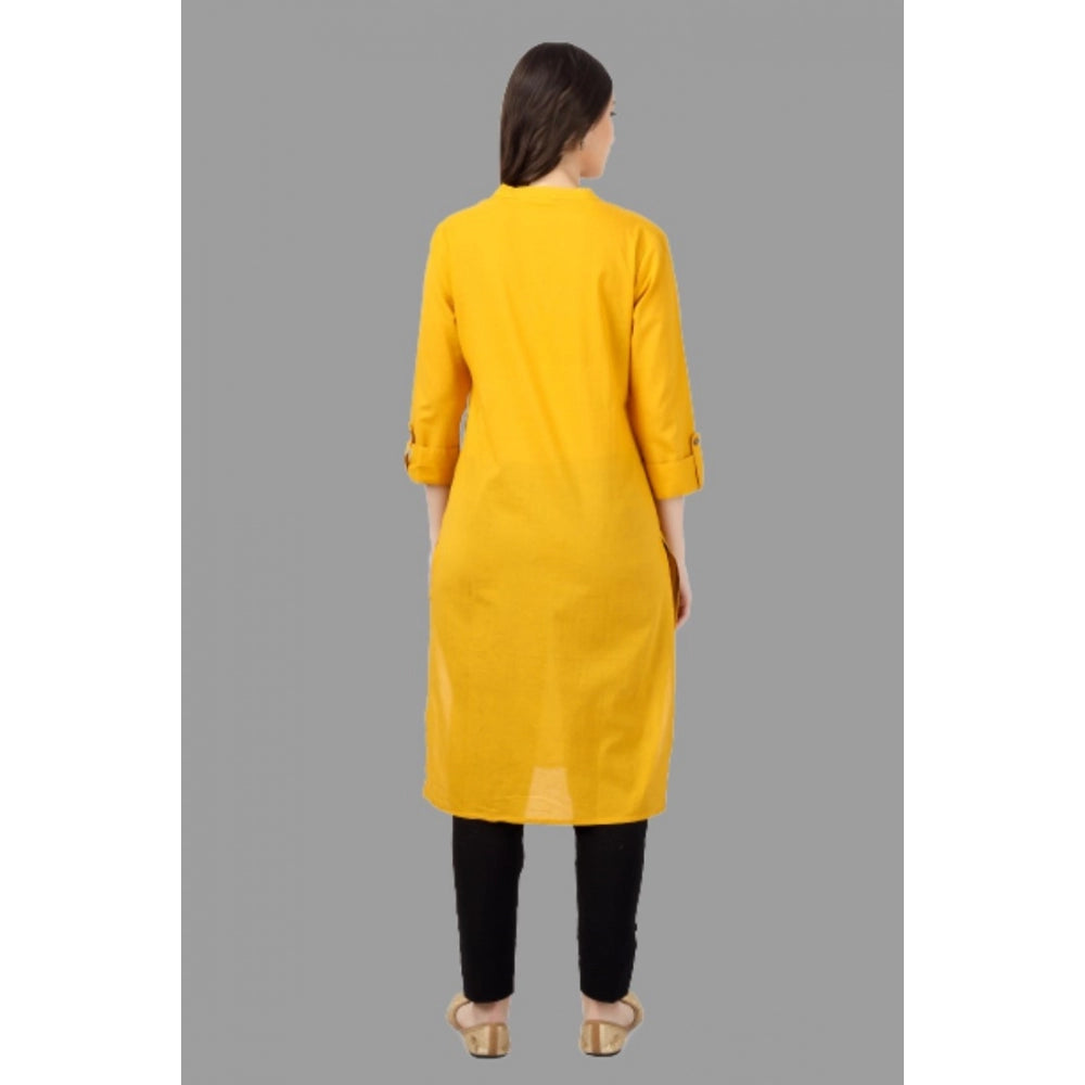 Generic Women's Solid Calf Length Cotton Kurti (Yellow) - Noble Nook