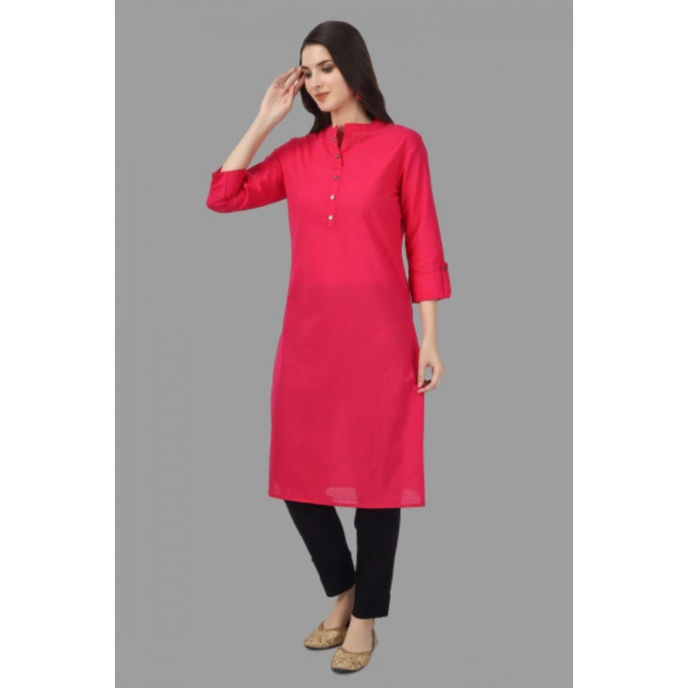 Generic Women's Solid Calf Length Cotton Kurti (Pink) - Noble Nook