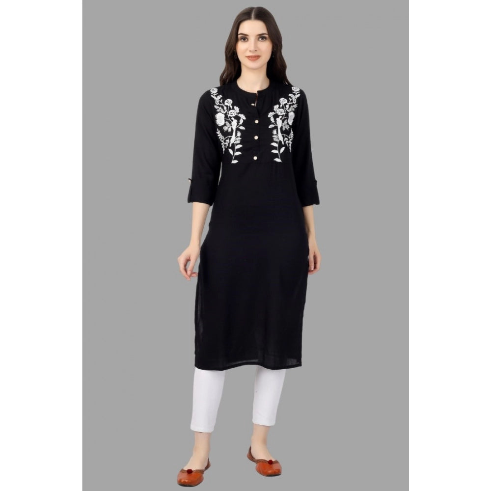 Generic Women's Embroidered Calf Length Rayon Kurti (Black) - Noble Nook