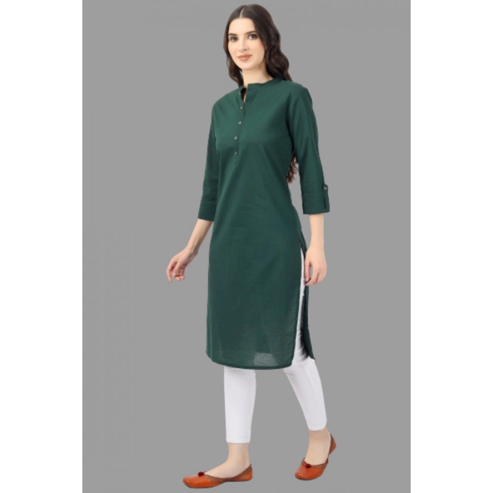 Generic Women's Solid Calf Length Cotton Kurti (Green) - Noble Nook