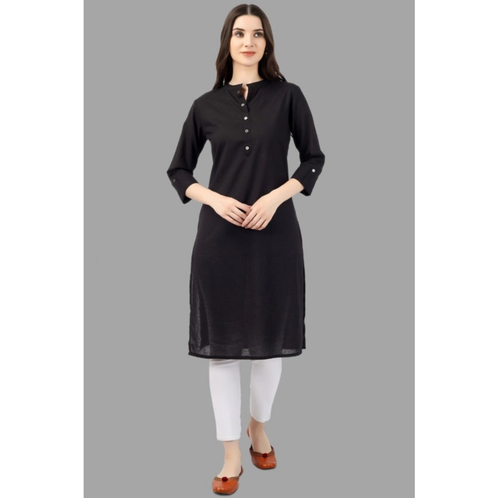 Generic Women's Solid Calf Length Cotton Kurti (Black) - Noble Nook