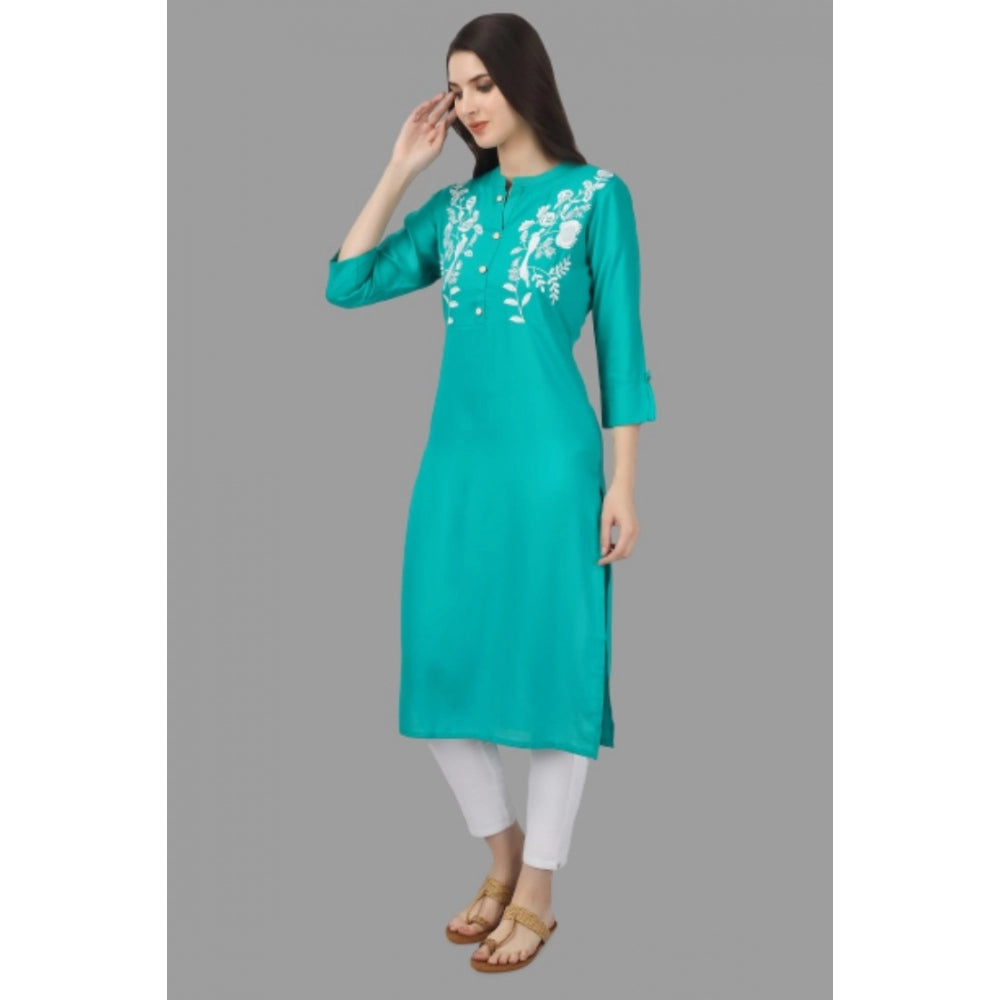 Generic Women's Embroidered Calf Length Rayon Kurti (Turquoise ) - Noble Nook