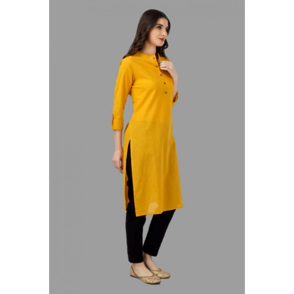 Generic Women's Solid Calf Length Cotton Kurti (Yellow) - Noble Nook