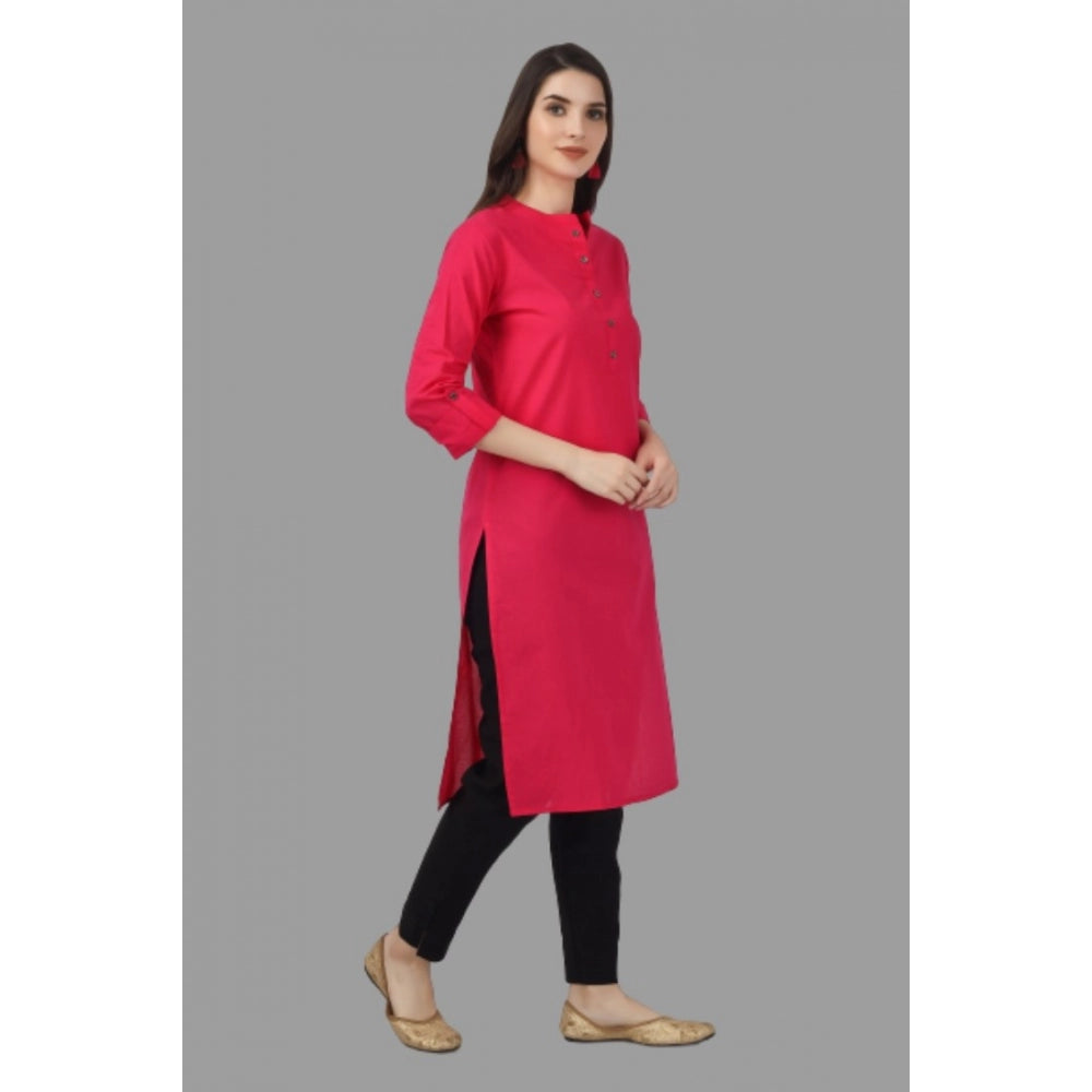 Generic Women's Solid Calf Length Cotton Kurti (Pink) - Noble Nook