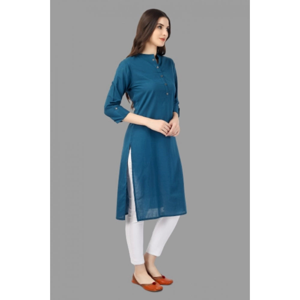 Generic Women's Solid Calf Length Cotton Kurti (Light Blue) - Noble Nook