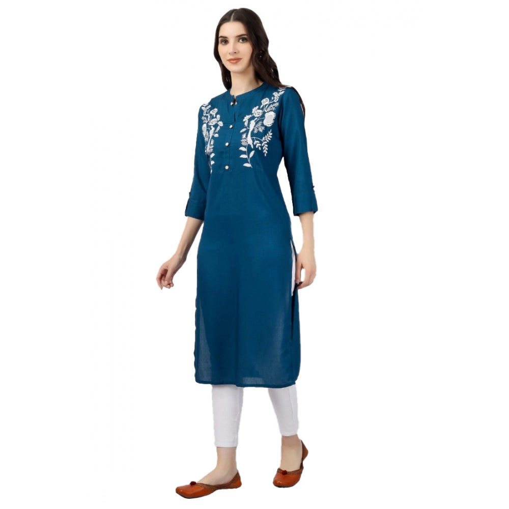 Generic Women's Embroidered Calf Length Rayon Kurti (Light Blue) - Noble Nook