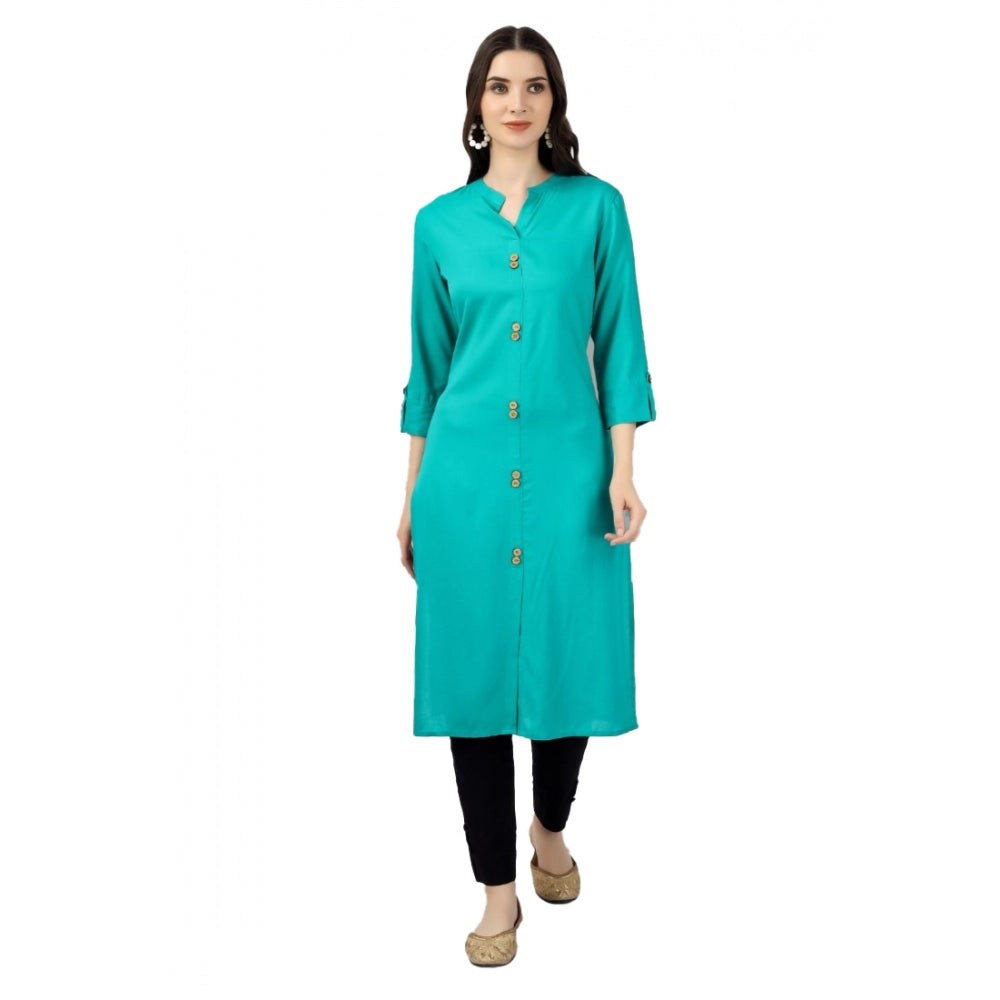 Generic Women's Solid Calf Length Rayon Kurti (Turquoise ) - Noble Nook