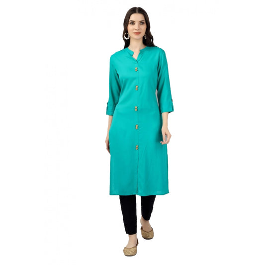 Generic Women's Solid Calf Length Rayon Kurti (Turquoise ) - Noble Nook