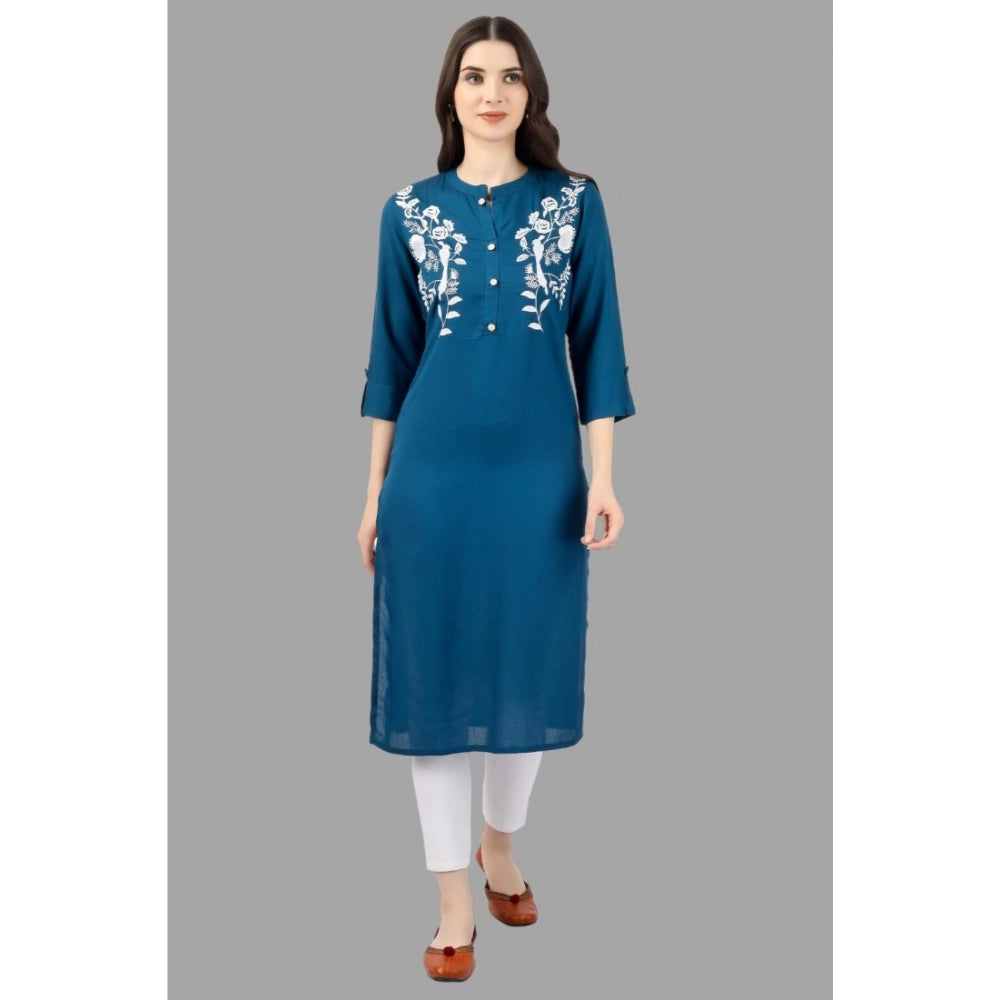 Generic Women's Embroidered Calf Length Rayon Kurti (Light Blue) - Noble Nook