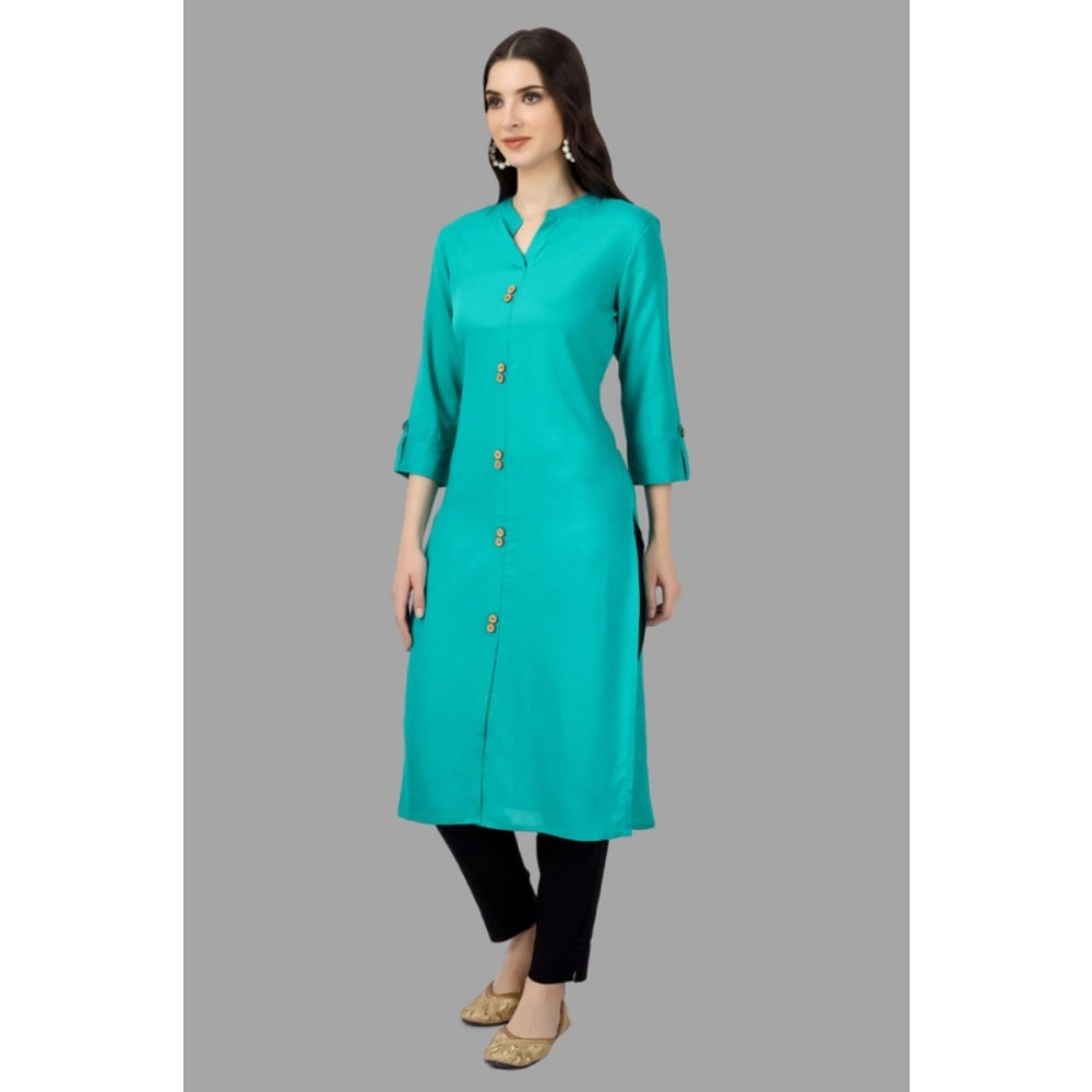 Generic Women's Solid Calf Length Rayon Kurti (Turquoise ) - Noble Nook