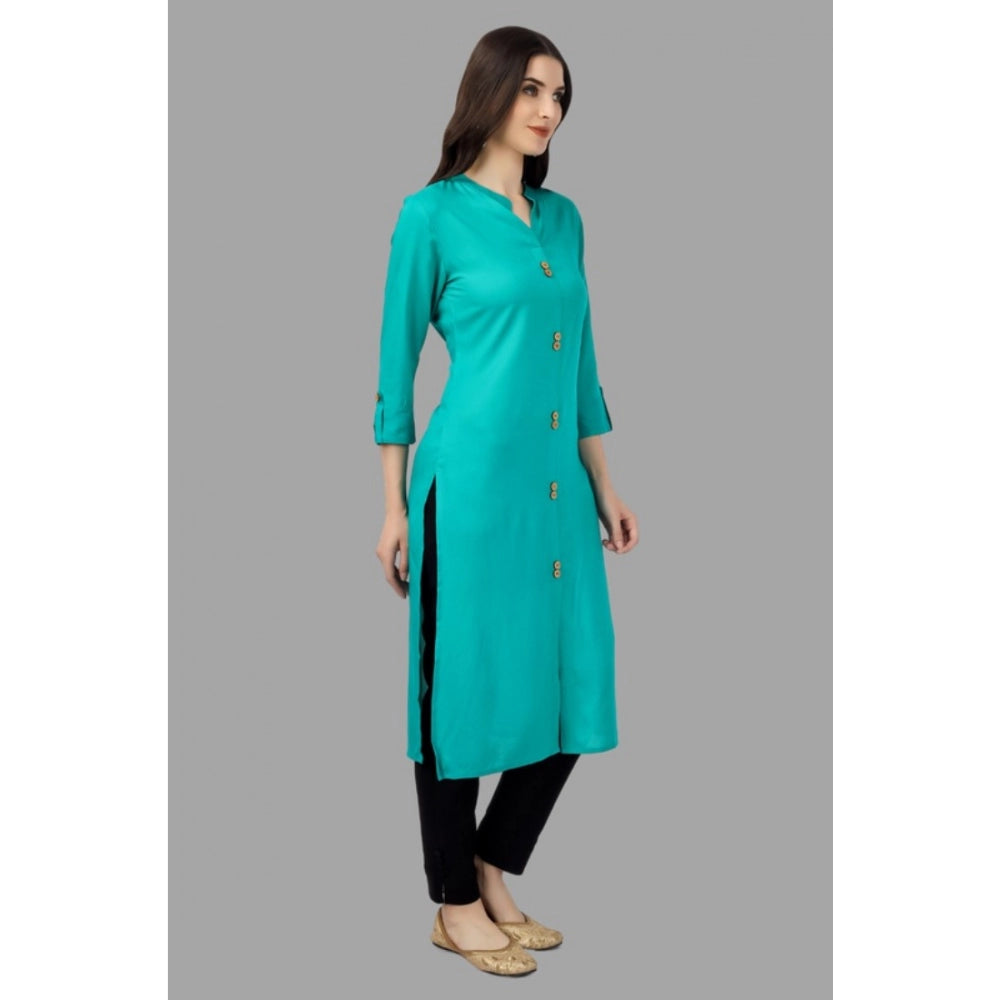 Generic Women's Solid Calf Length Rayon Kurti (Turquoise ) - Noble Nook