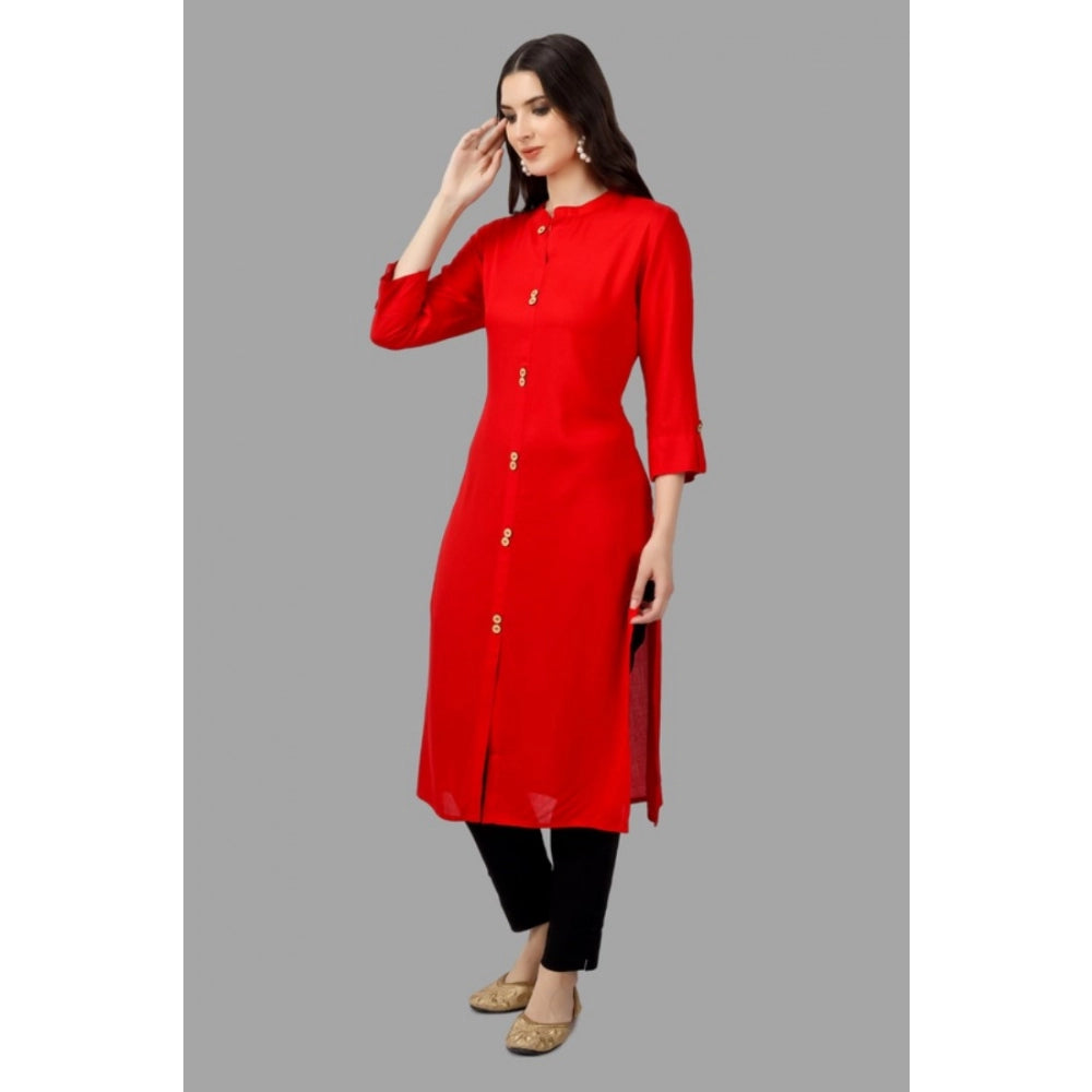 Generic Women's Solid Calf Length Rayon Kurti (Red) - Noble Nook