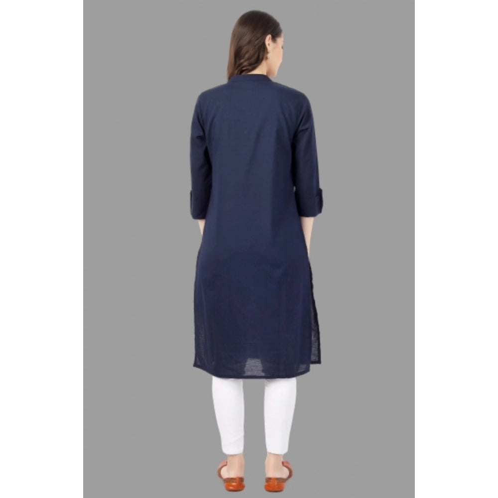 Generic Women's Solid Calf Length Cotton Kurti (Blue) - Noble Nook