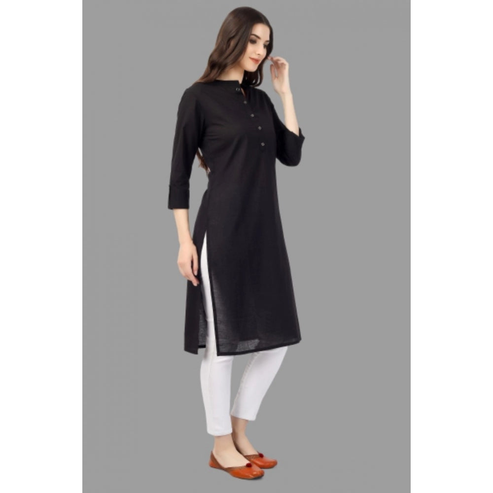 Generic Women's Solid Calf Length Cotton Kurti (Black) - Noble Nook