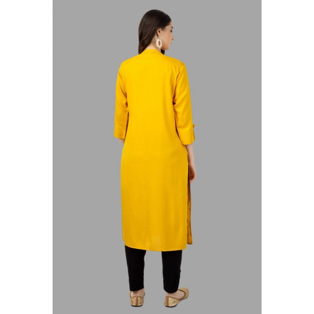 Generic Women's Embroidered Calf Length Rayon Kurti (Yellow) - Noble Nook