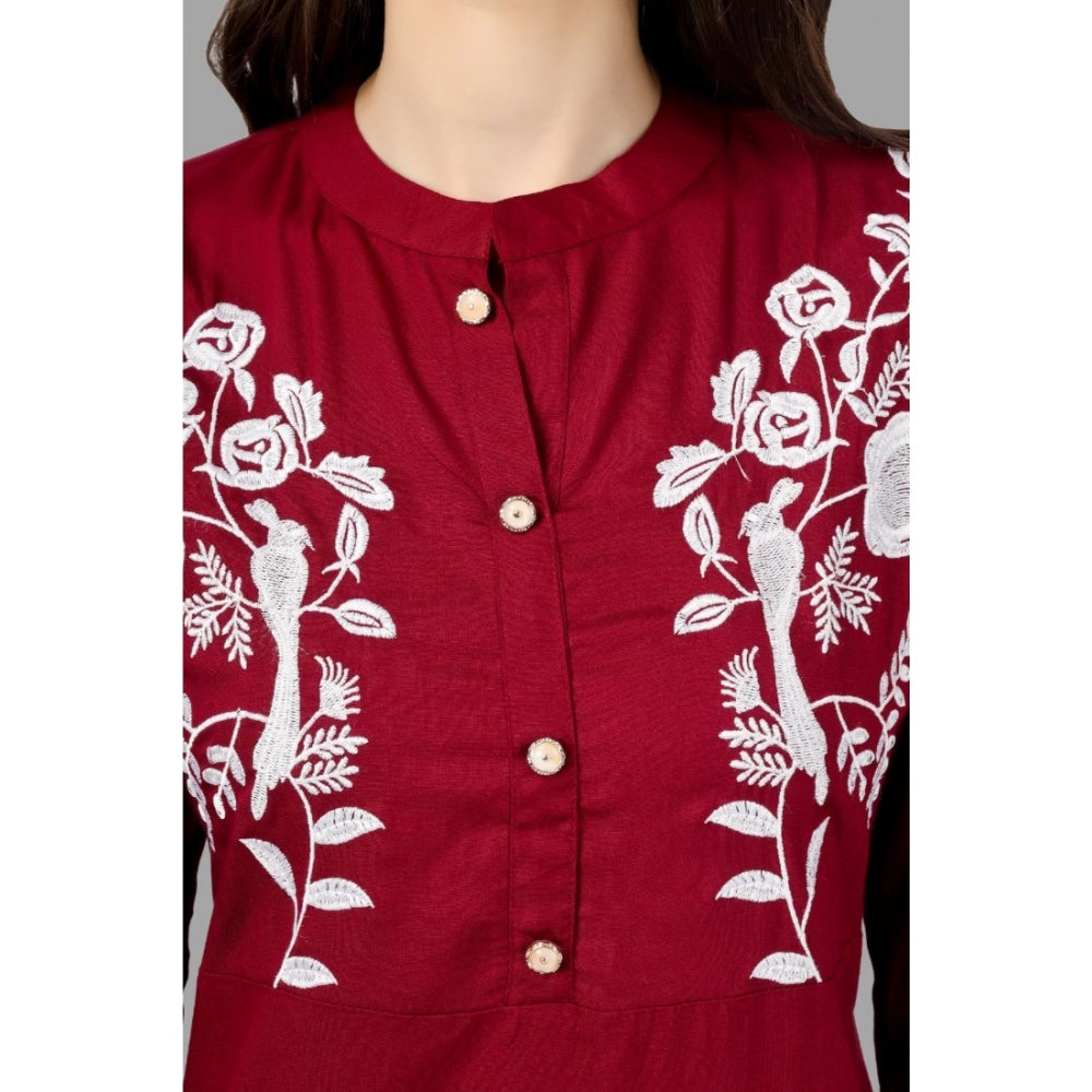 Generic Women's Embroidered Calf Length Rayon Kurti (Maroon) - Noble Nook