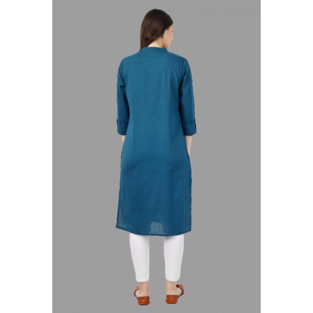 Generic Women's Solid Calf Length Cotton Kurti (Light Blue) - Noble Nook