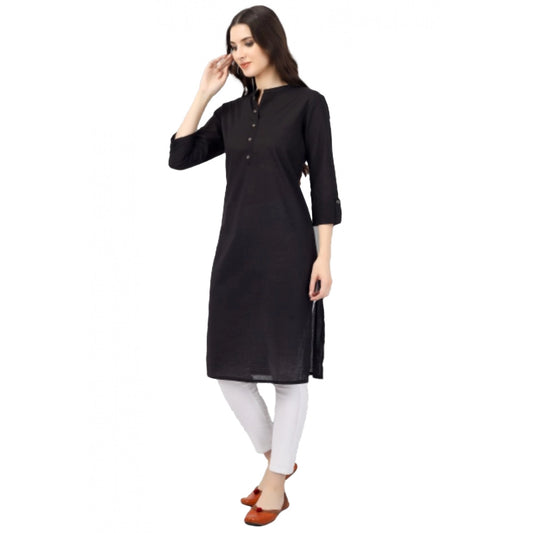 Generic Women's Solid Calf Length Cotton Kurti (Black) - Noble Nook