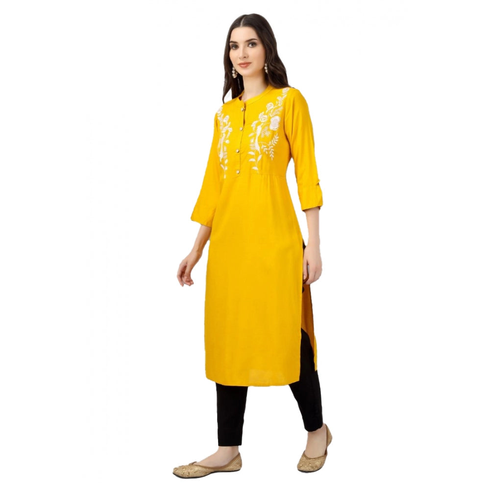 Generic Women's Embroidered Calf Length Rayon Kurti (Yellow) - Noble Nook