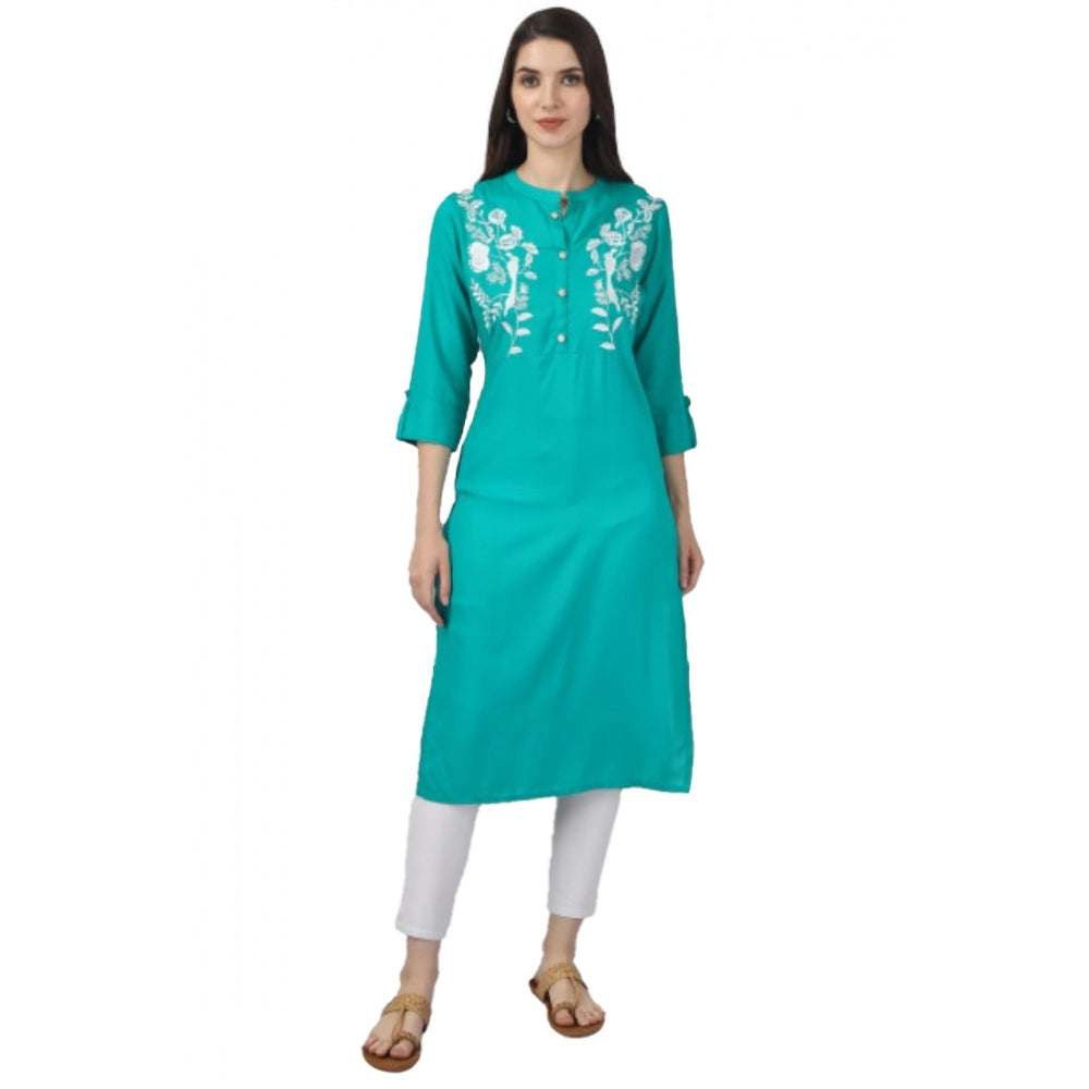 Generic Women's Embroidered Calf Length Rayon Kurti (Turquoise ) - Noble Nook