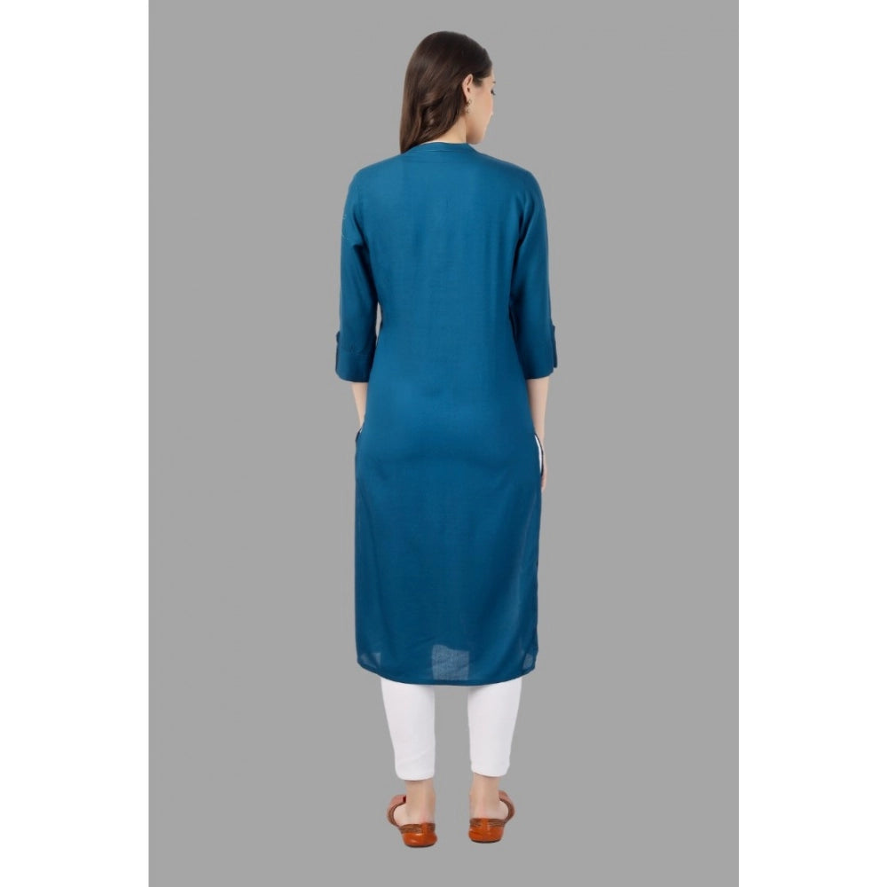 Generic Women's Embroidered Calf Length Rayon Kurti (Light Blue) - Noble Nook