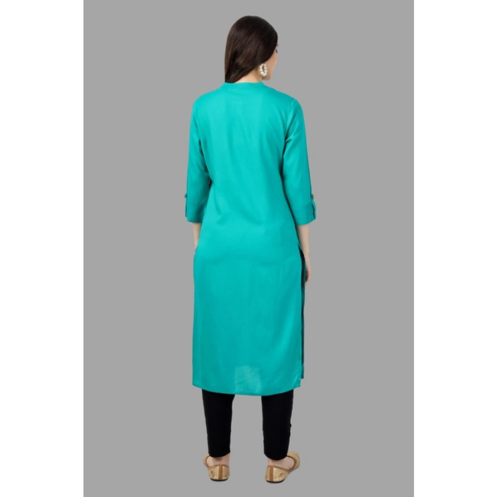 Generic Women's Solid Calf Length Rayon Kurti (Turquoise ) - Noble Nook