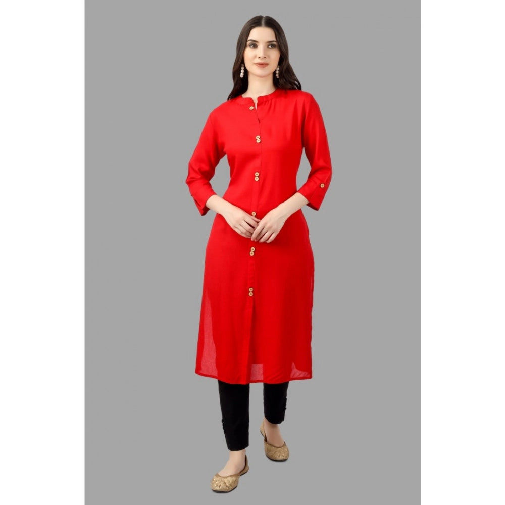 Generic Women's Solid Calf Length Rayon Kurti (Red) - Noble Nook