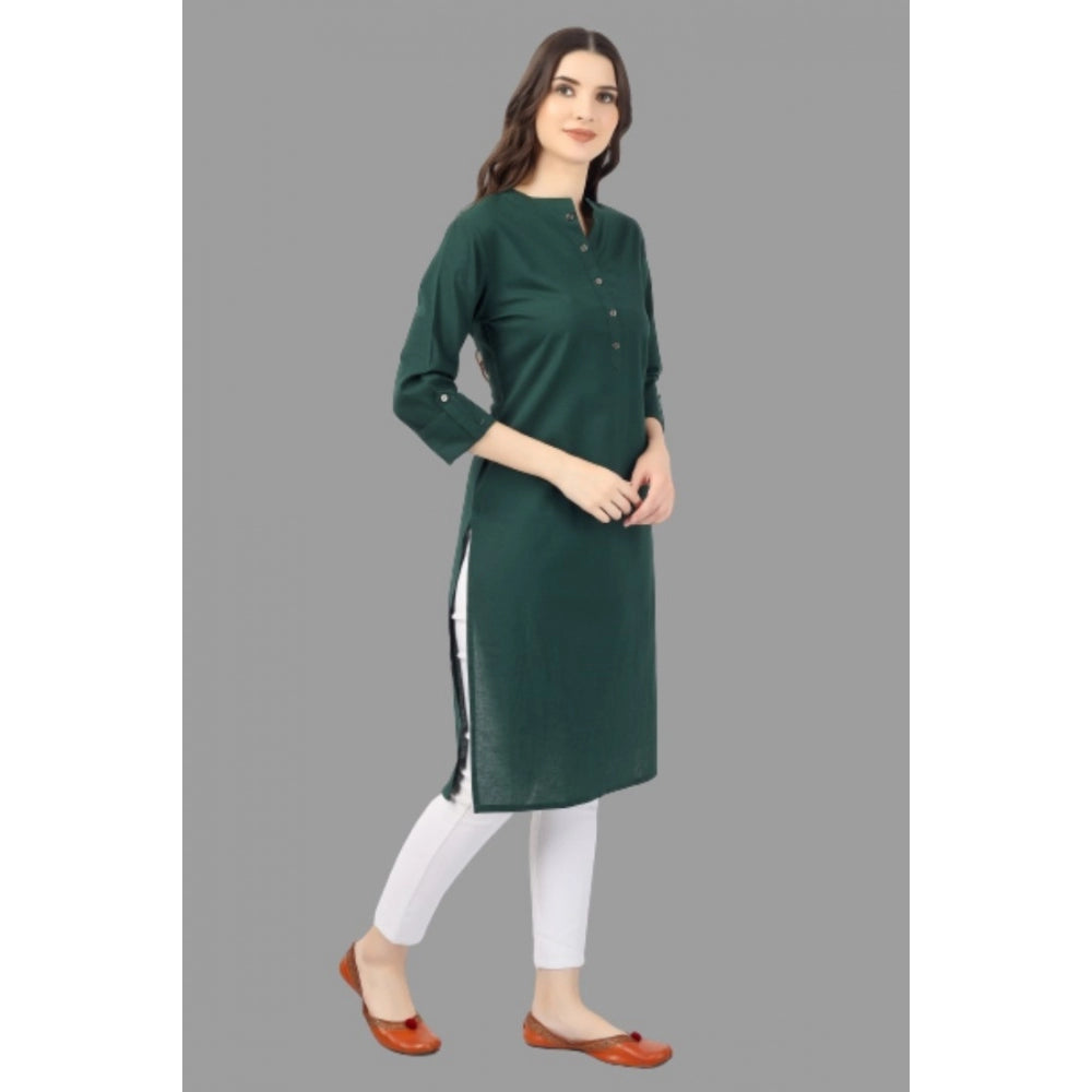 Generic Women's Solid Calf Length Cotton Kurti (Green) - Noble Nook