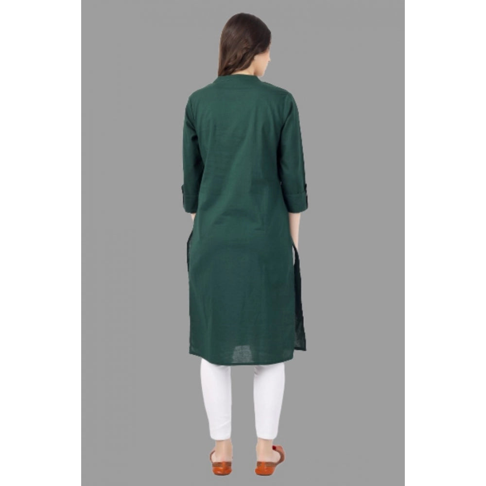 Generic Women's Solid Calf Length Cotton Kurti (Green) - Noble Nook