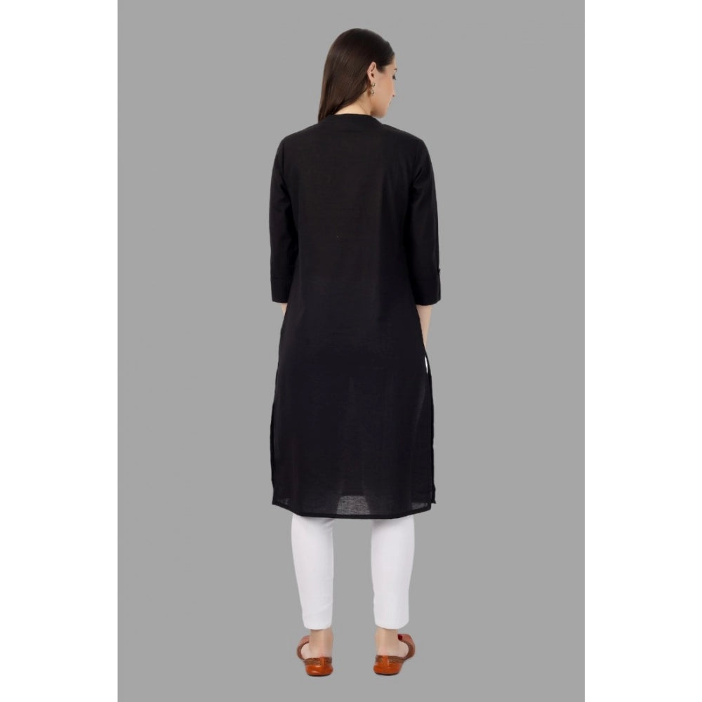 Generic Women's Solid Calf Length Cotton Kurti (Black) - Noble Nook