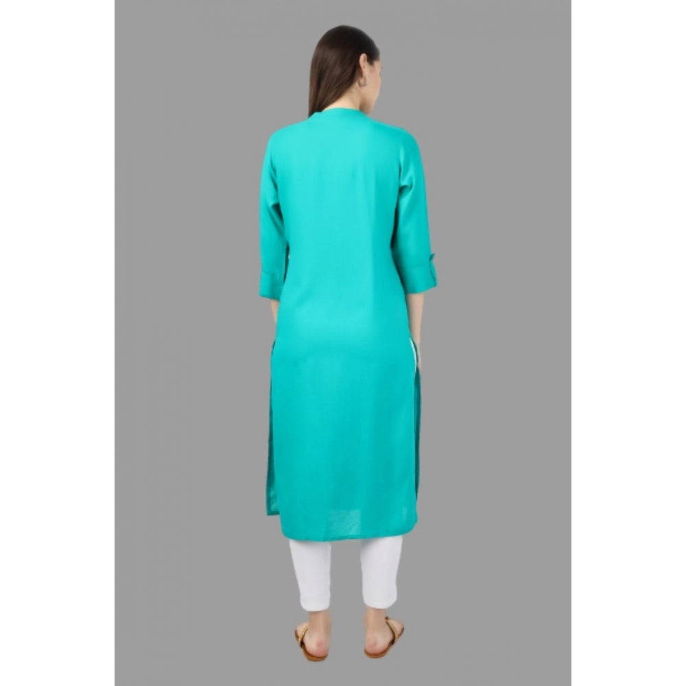 Generic Women's Embroidered Calf Length Rayon Kurti (Turquoise ) - Noble Nook