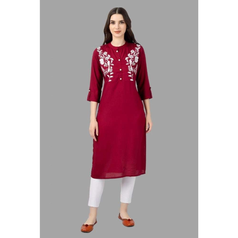 Generic Women's Embroidered Calf Length Rayon Kurti (Maroon) - Noble Nook