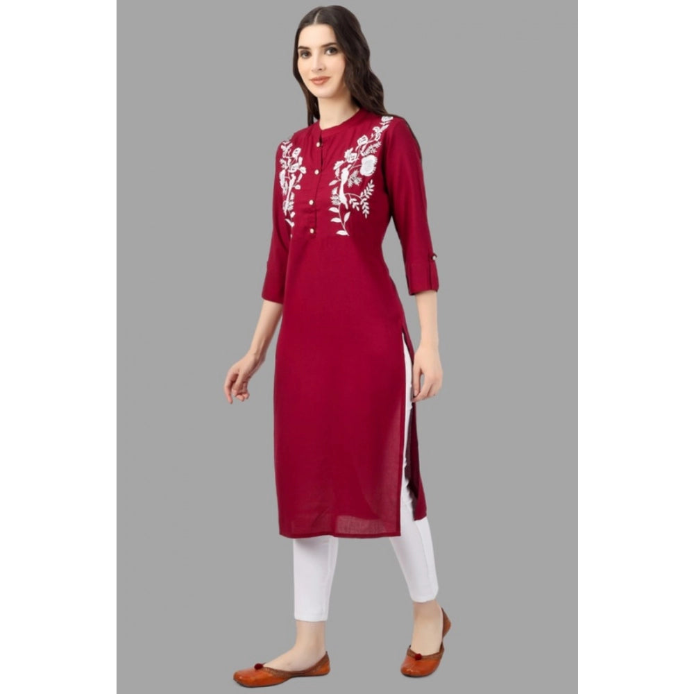 Generic Women's Embroidered Calf Length Rayon Kurti (Maroon) - Noble Nook