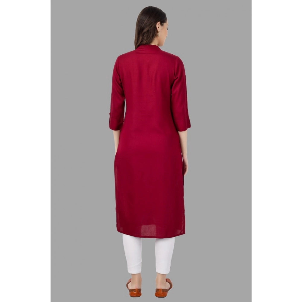 Generic Women's Embroidered Calf Length Rayon Kurti (Maroon) - Noble Nook