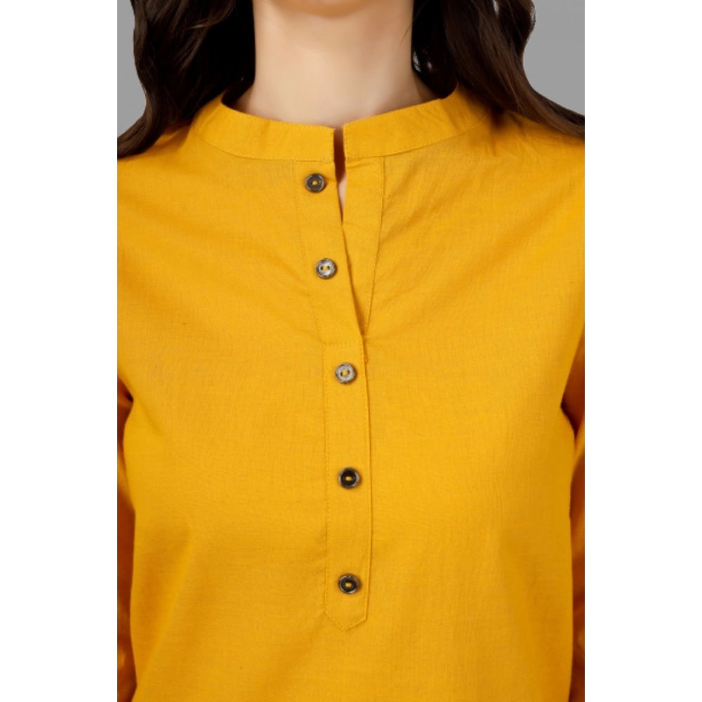 Generic Women's Solid Calf Length Cotton Kurti (Yellow) - Noble Nook