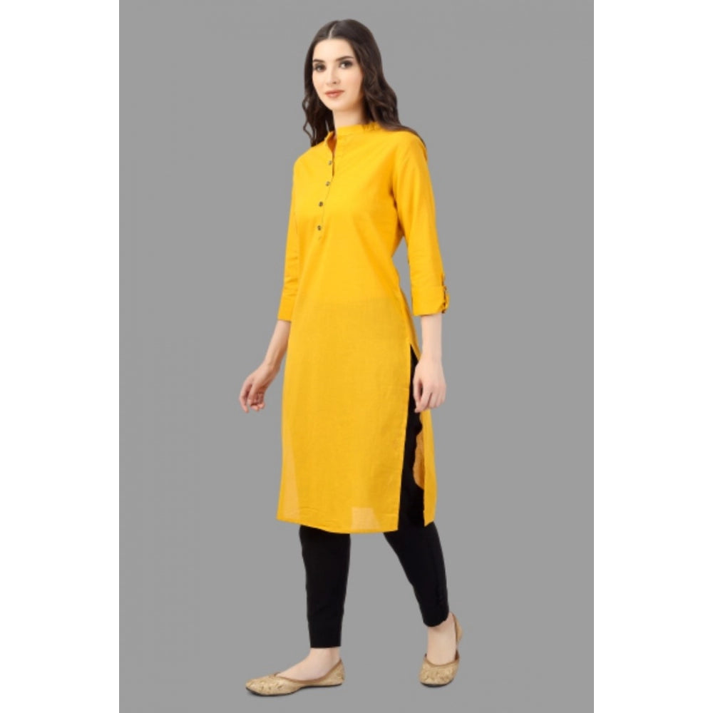 Generic Women's Solid Calf Length Cotton Kurti (Yellow) - Noble Nook