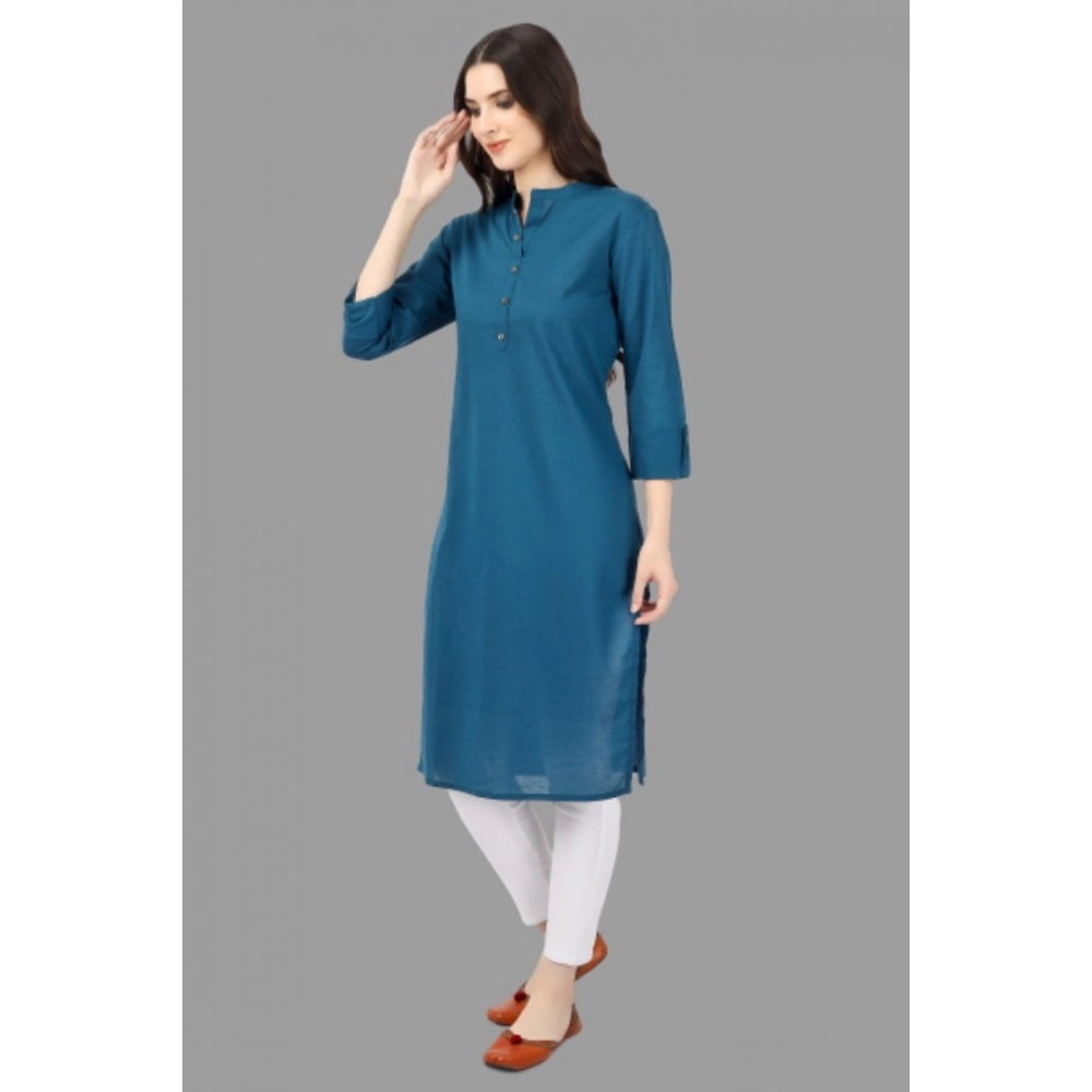 Generic Women's Solid Calf Length Cotton Kurti (Light Blue) - Noble Nook