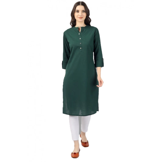 Generic Women's Solid Calf Length Cotton Kurti (Green) - Noble Nook