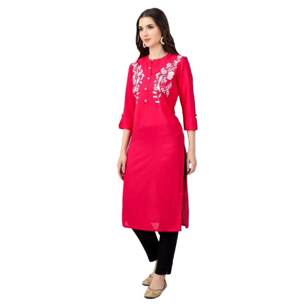 Generic Women's Embroidered Calf Length Rayon Kurti (Pink) - Noble Nook