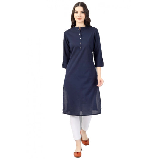 Generic Women's Solid Calf Length Cotton Kurti (Blue) - Noble Nook