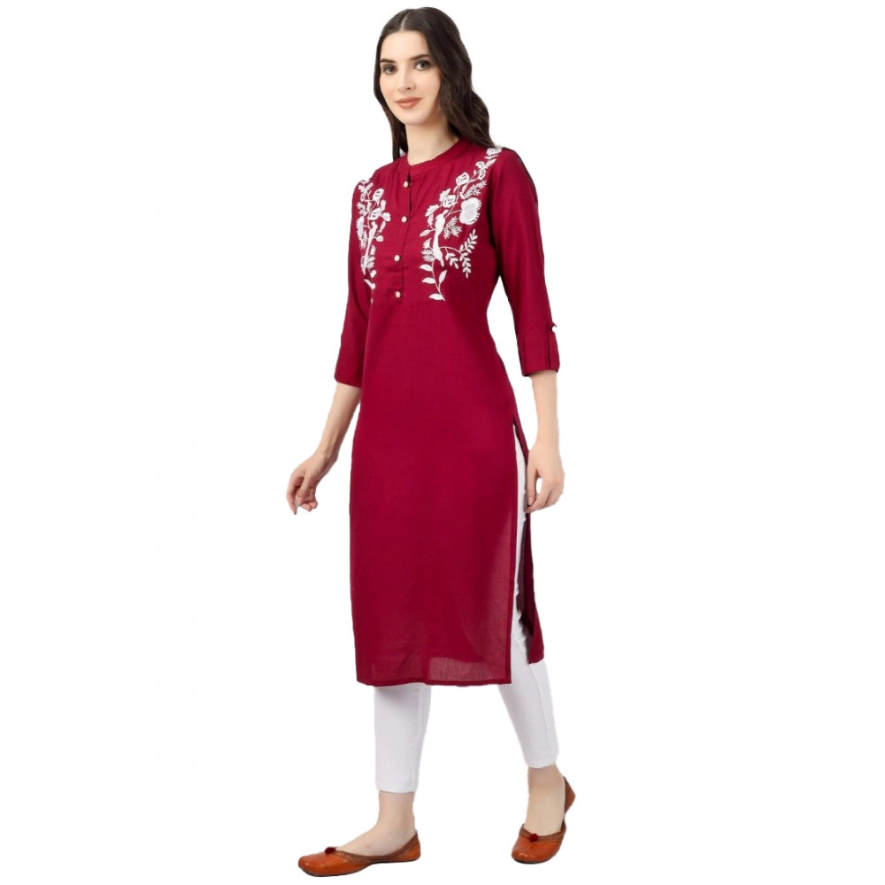 Generic Women's Embroidered Calf Length Rayon Kurti (Maroon) - Noble Nook