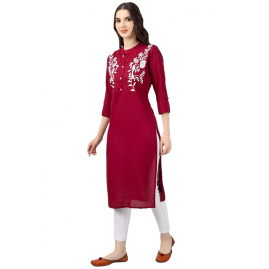 Generic Women's Embroidered Calf Length Rayon Kurti (Maroon) - Noble Nook