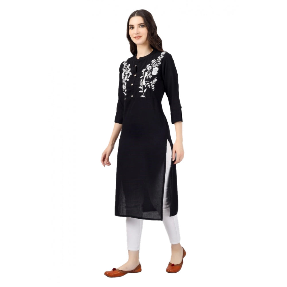 Generic Women's Embroidered Calf Length Rayon Kurti (Black) - Noble Nook