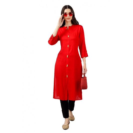 Generic Women's Solid Calf Length Rayon Kurti (Red) - Noble Nook