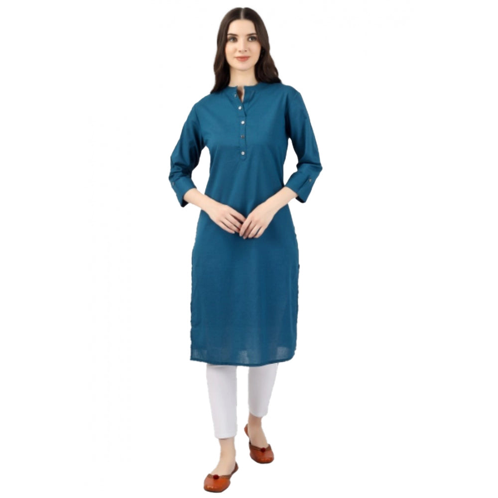 Generic Women's Solid Calf Length Cotton Kurti (Light Blue) - Noble Nook