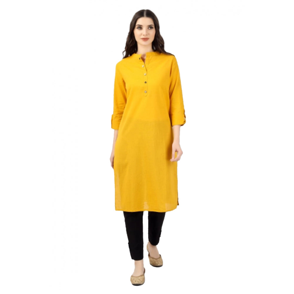 Generic Women's Solid Calf Length Cotton Kurti (Yellow) - Noble Nook