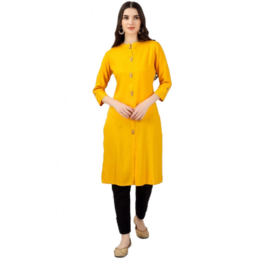 Generic Women's Solid Calf Length Rayon Kurti (Yellow) - Noble Nook