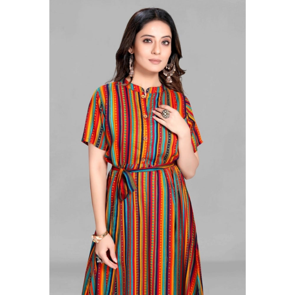 Generic Women's Casual 3/4 Sleeve Viscose Rayon Strip Kurti (Multicolor) - Noble Nook