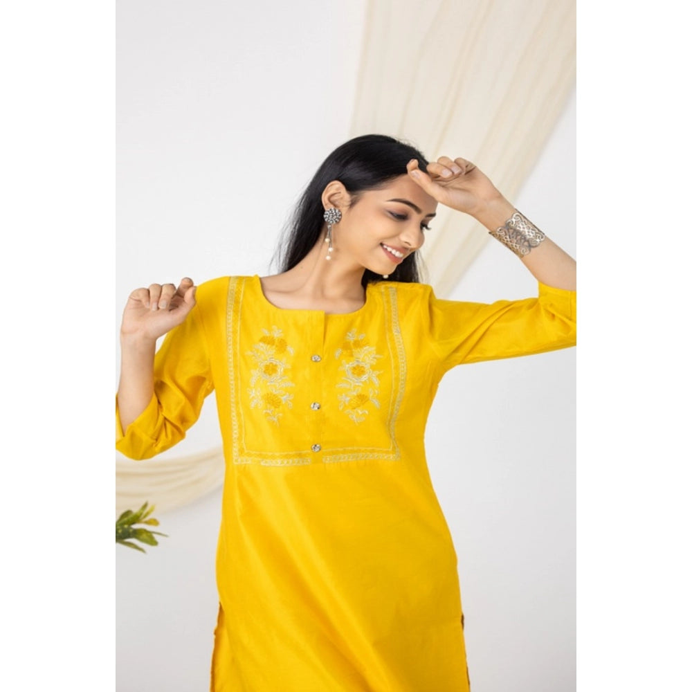 Generic Women's Casual 3/4 Sleeve Chanderi Printed Kurti (Yellow) - Noble Nook